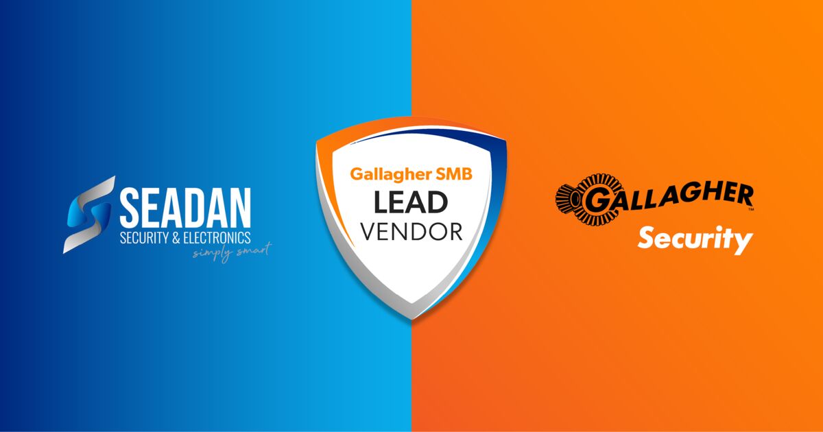Seadan Partnership Launch Social PR graphic-General Purpose Seadan logo, SMB lead vendor badge, and Gallagher Security logo on an orange and blue background
