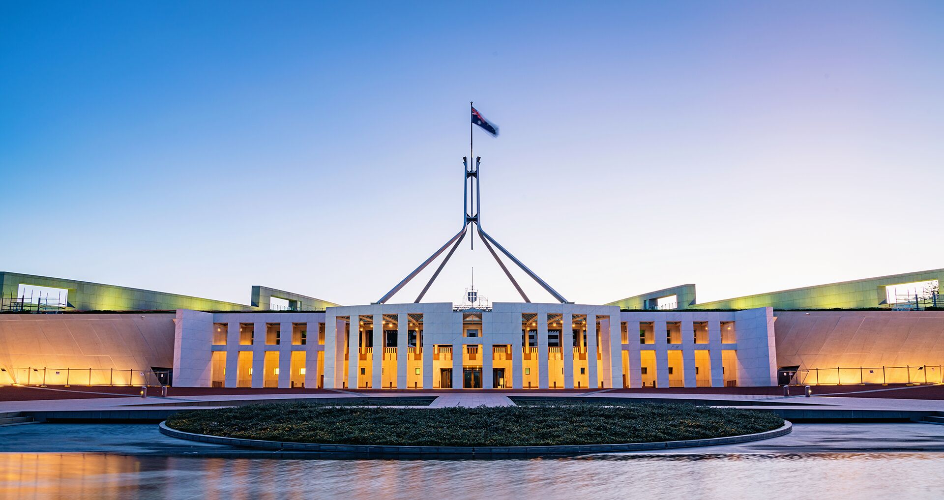 Canberra Australian Parliament House illuminated at Twilight