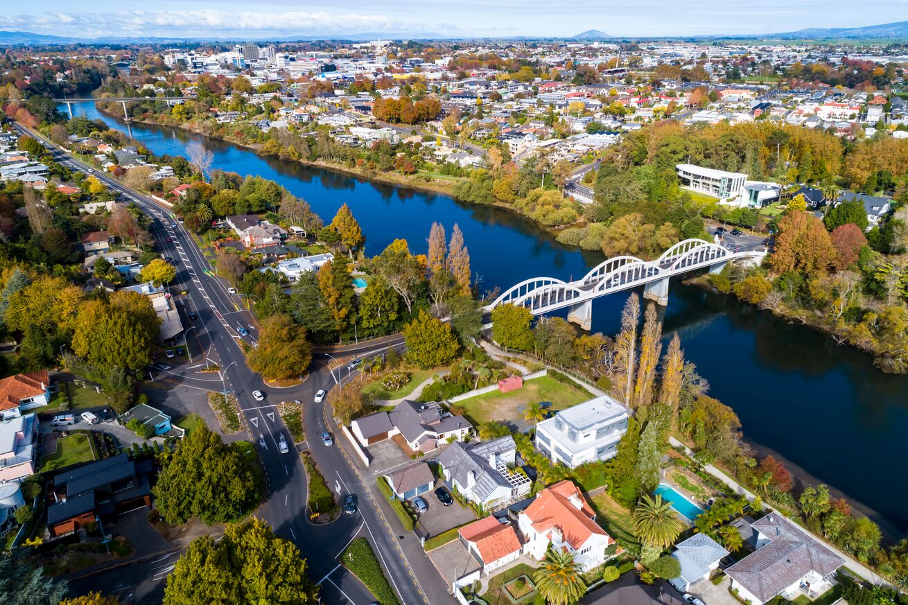 Aerial drone shot of the Fairfield Bridge on the Waikato River