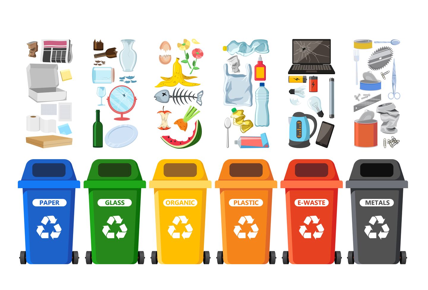 Rubbish bins for recycling different types of waste. Garbage containers for trash sorted by plastic, organic, e-waste, metal, glass, paper. Vector illustration