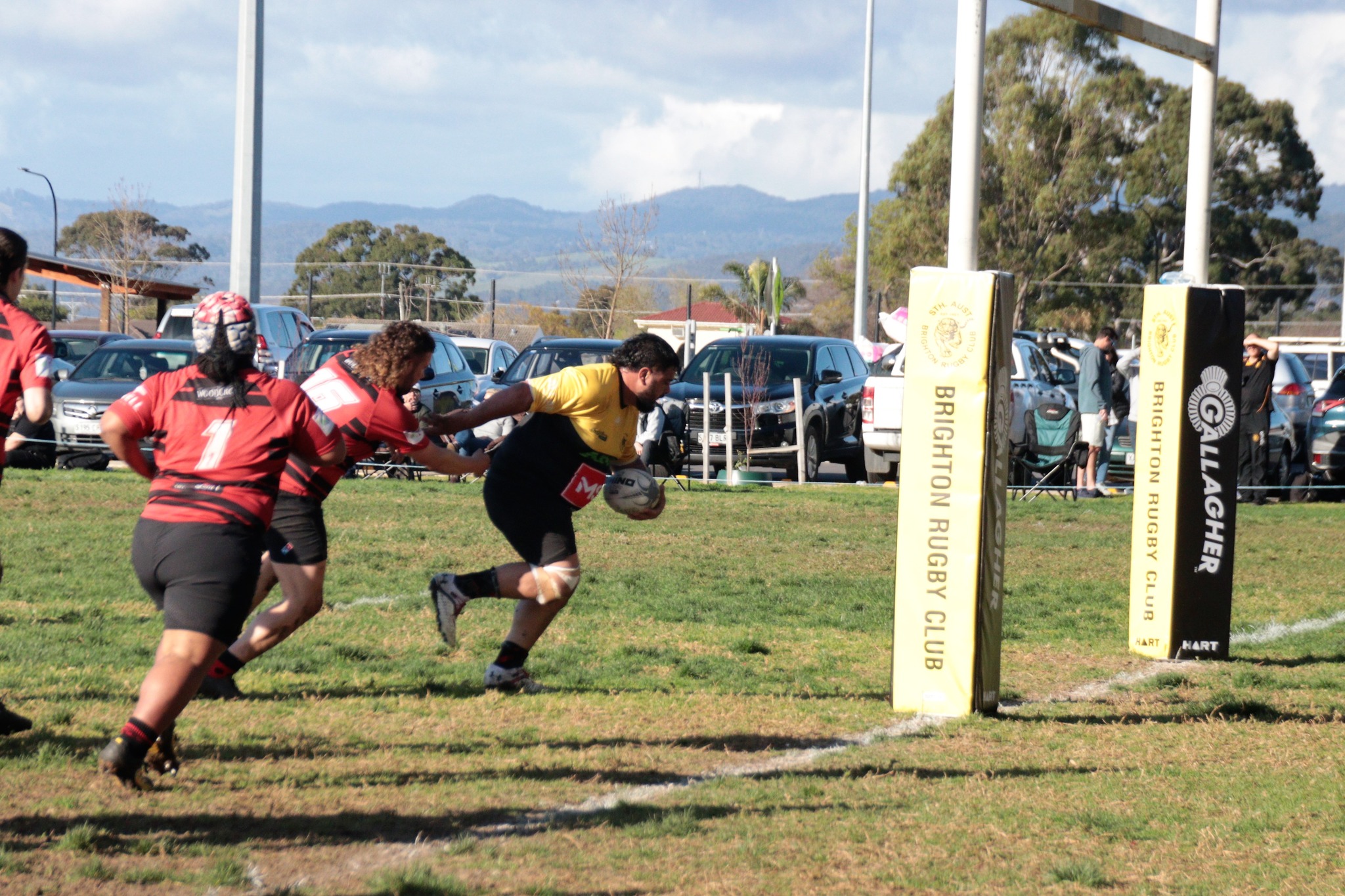 A rugby union player from the Brighton Tigers running towards the goal posts