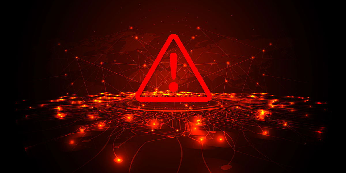 Intruder alarm warning sign with exclamation mark on a dark red background