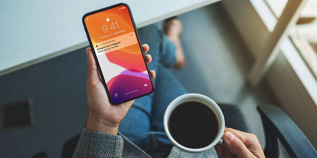 Person holding phone with alarm notification from Gallagher SMB app