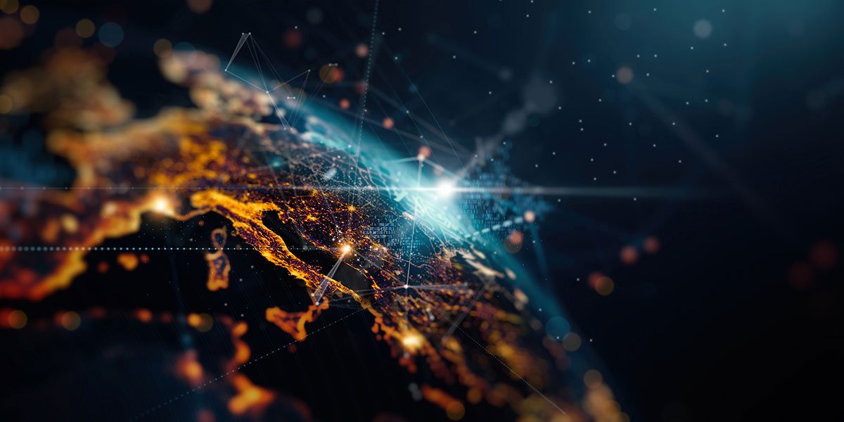 A visualization of a global network connection with illuminated lines and nodes representing data exchange across continents