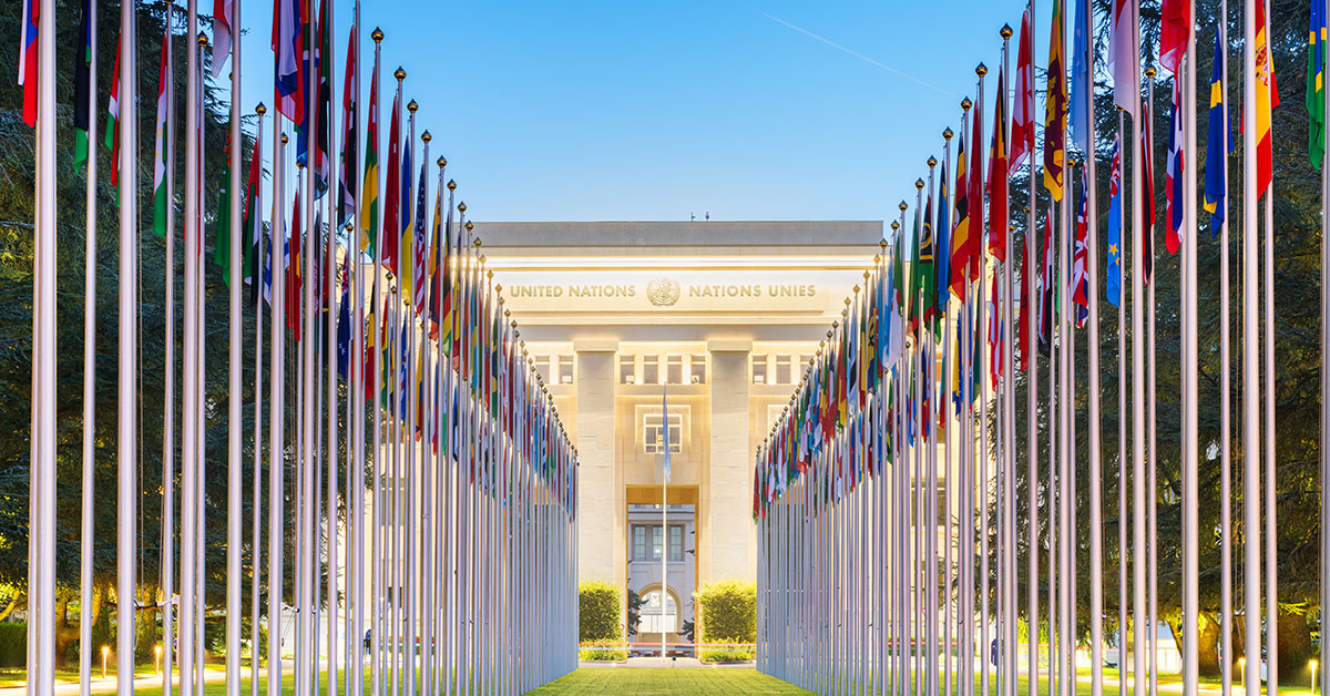 World flags outside united nations building
