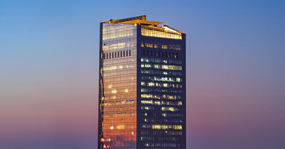 Large office building at sunset
