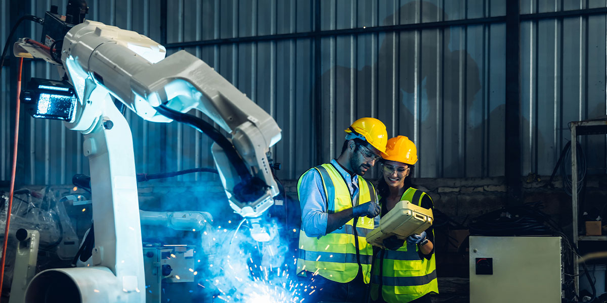 Visiting technician reviewing machinery