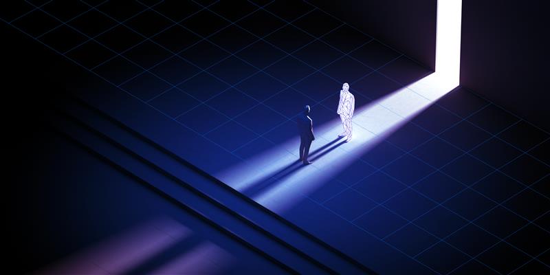 Conceptual illustration representing responsibility and decision-making in a digital security environment, with two figures separated by light and shadow