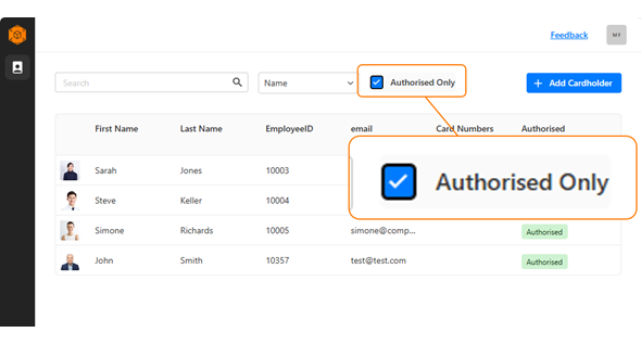 Command Centre Web Authorised Cardholder Search Filter