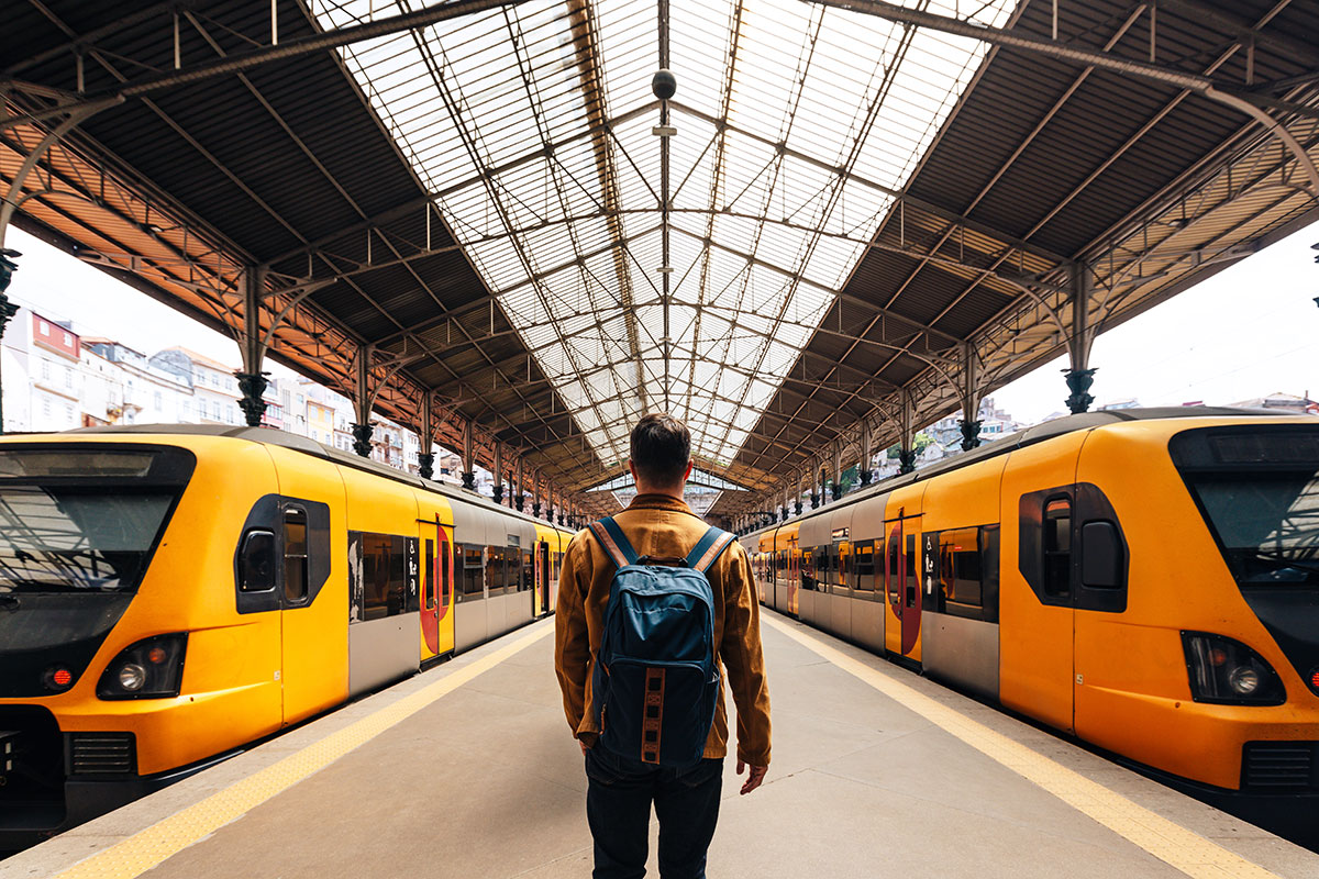 Person walking through train station