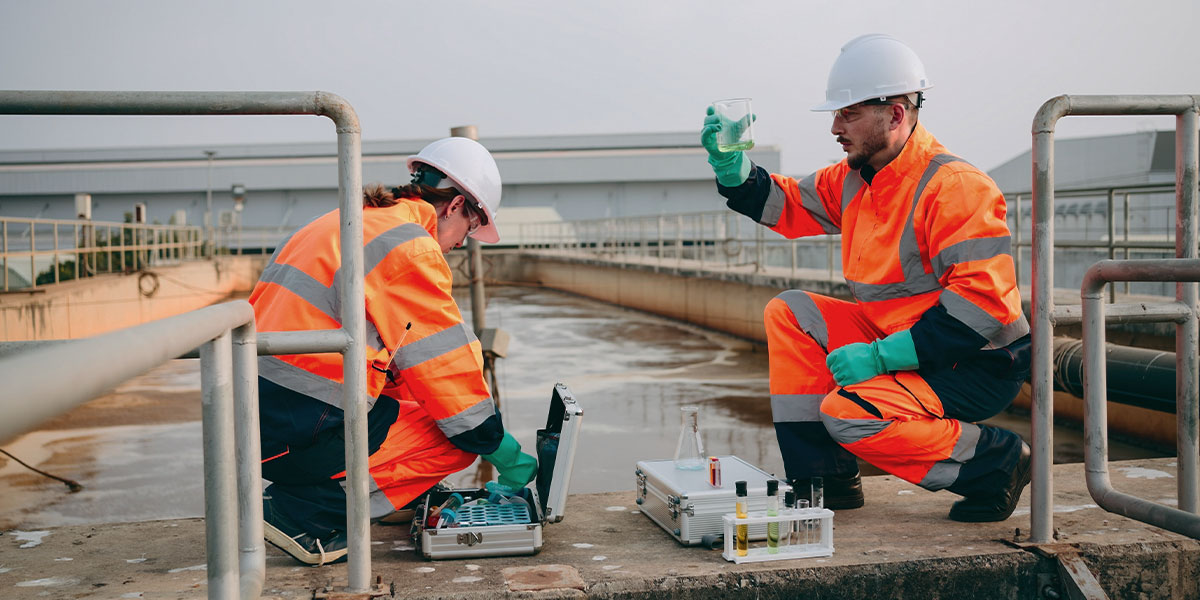 Employees check water quality in wastewater treatment plant